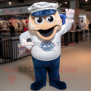 Navy Clam Chowder mascot costume character dressed with a Flare Jeans and Suspenders