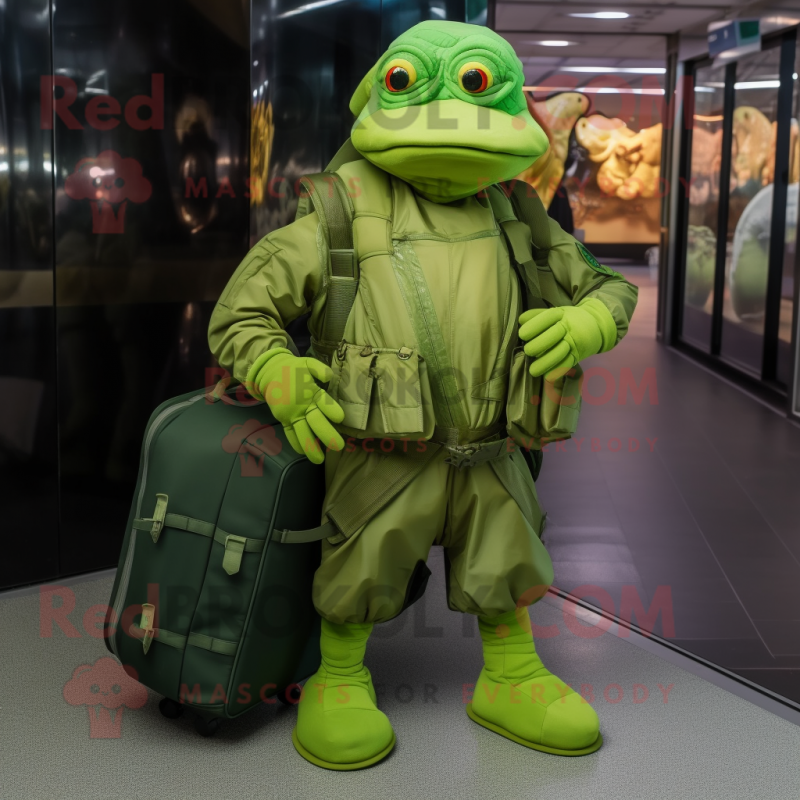 Lime Green Marine Recon mascot costume character dressed with a Bodysuit and Handbags