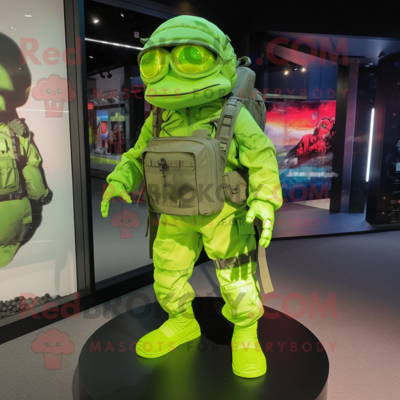 Lime Green Marine Recon mascot costume character dressed with a Bodysuit and Handbags