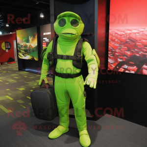 Lime Green Marine Recon mascot costume character dressed with a Bodysuit and Handbags