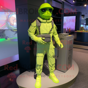 Lime Green Marine Recon mascot costume character dressed with a Bodysuit and Handbags