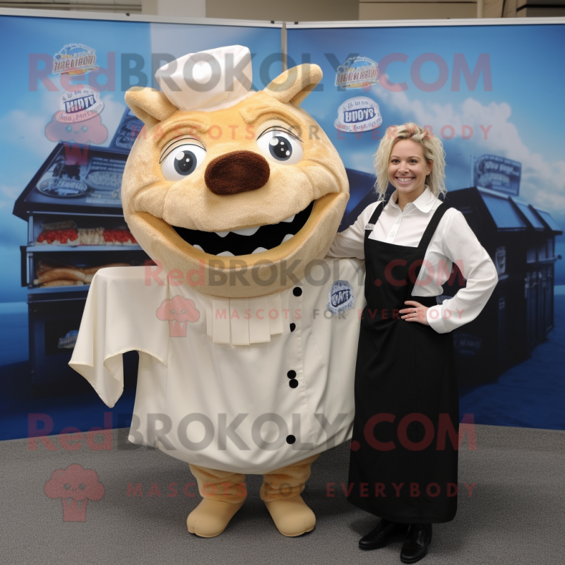 Cream Pulled Pork Sandwich mascot costume character dressed with a Blouse and Lapel pins Cream Pulled Pork Sandwich mascot costume character dressed with a Blouse and Lapel pins