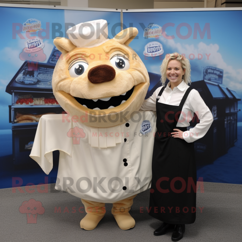 Cream Pulled Pork Sandwich mascot costume character dressed with a Blouse and Lapel pins