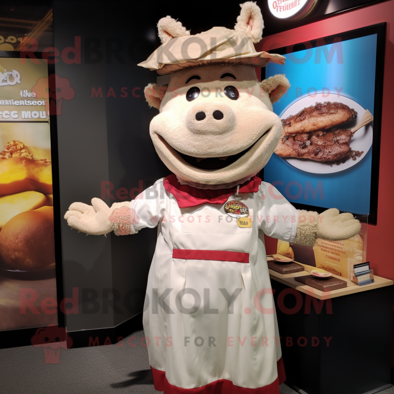Cream Pulled Pork Sandwich mascot costume character dressed with a Blouse and Lapel pins Cream Pulled Pork Sandwich mascot costume character dressed with a Blouse and Lapel pins