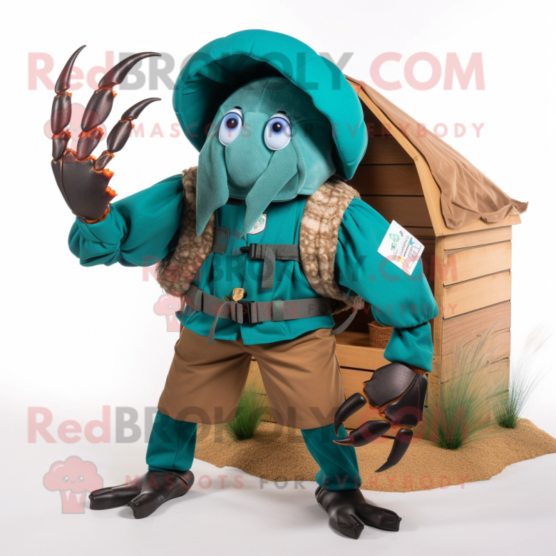 Teal Hermit Crab mascot costume character dressed with a Cargo Pants and Headbands Teal Hermit Crab mascot costume character dressed with a Cargo Pants and Headbands