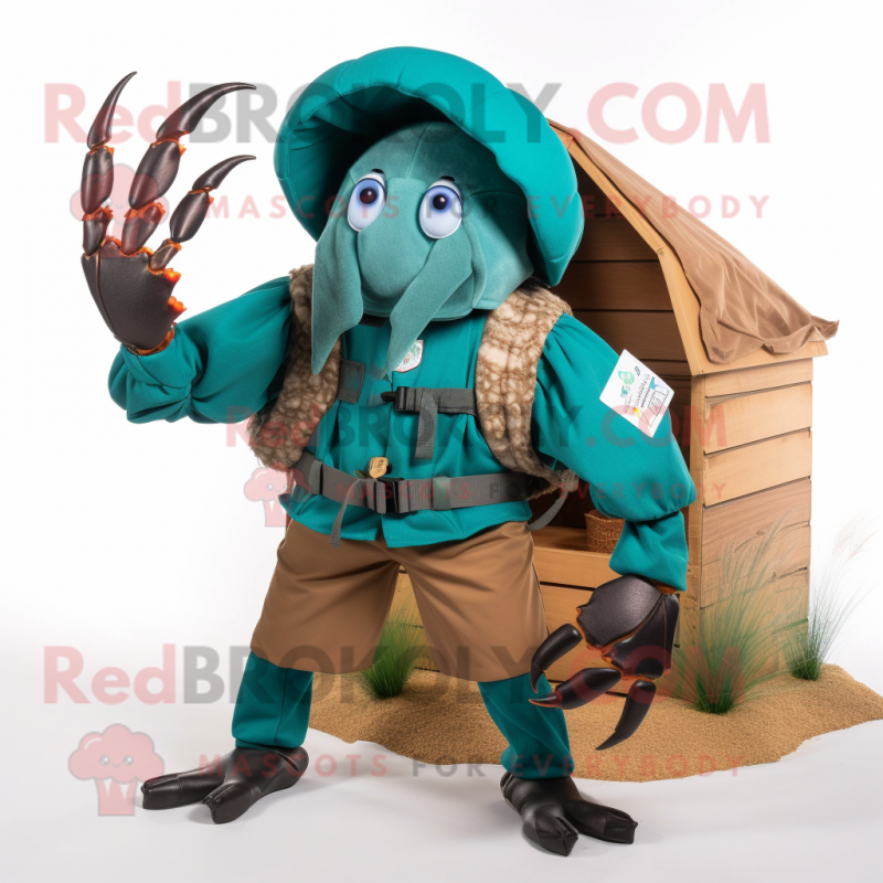 Teal Hermit Crab mascot costume character dressed with a Cargo Pants and Headbands