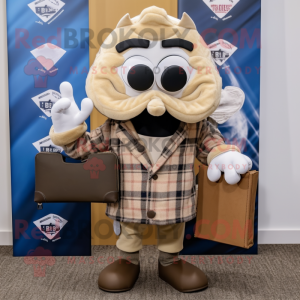 Tan Oyster mascot costume character dressed with a Flannel Shirt and Briefcases