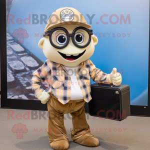 Tan Oyster mascot costume character dressed with a Flannel Shirt and Briefcases