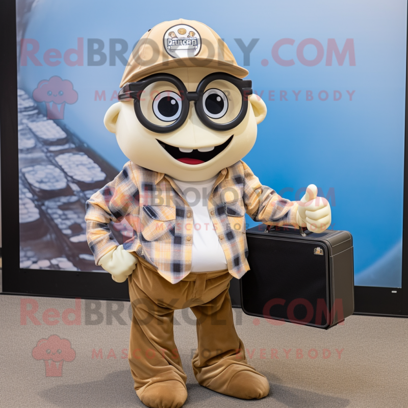 Tan Oyster mascot costume character dressed with a Flannel Shirt and Briefcases Tan Oyster mascot costume character dressed with a Flannel Shirt and Briefcases