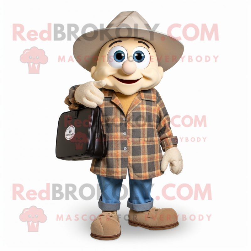 Tan Oyster mascot costume character dressed with a Flannel Shirt and Briefcases