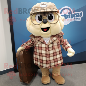 Tan Oyster mascot costume character dressed with a Flannel Shirt and Briefcases