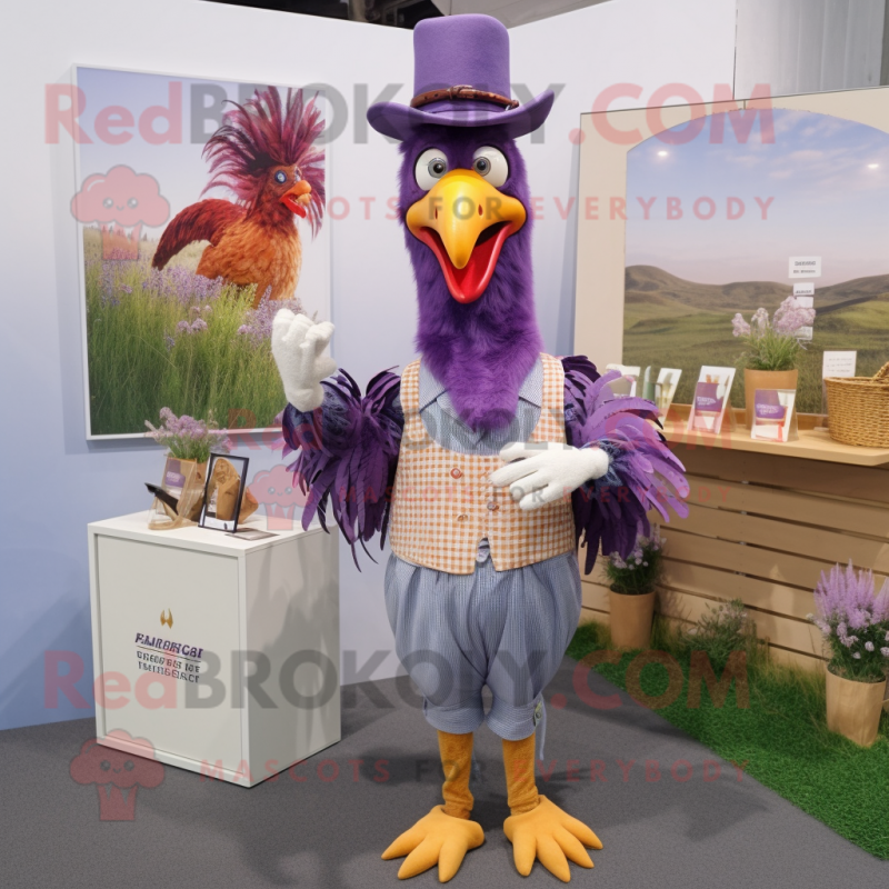 Lavender Rooster mascot costume character dressed with a Henley Tee and Brooches