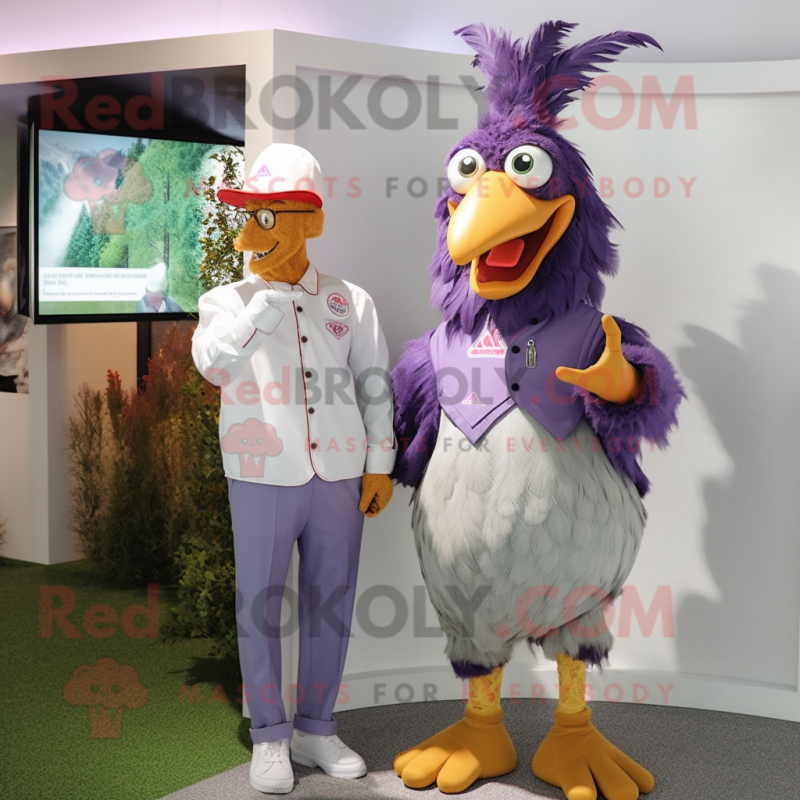 Lavender Rooster mascot costume character dressed with a Henley Tee and Brooches