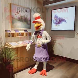 Lavender Rooster mascot costume character dressed with a Henley Tee and Brooches