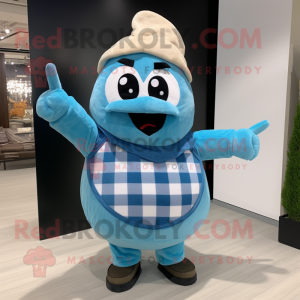 Sky Blue Onion mascot costume character dressed with a Flannel Shirt and Shawls