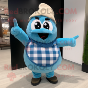 Sky Blue Onion mascot costume character dressed with a Flannel Shirt and Shawls