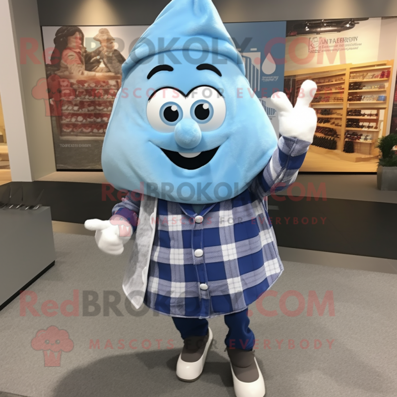 Sky Blue Onion mascot costume character dressed with a Flannel Shirt and Shawls