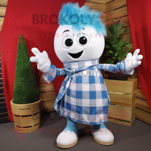 Sky Blue Onion mascot costume character dressed with a Flannel Shirt and Shawls