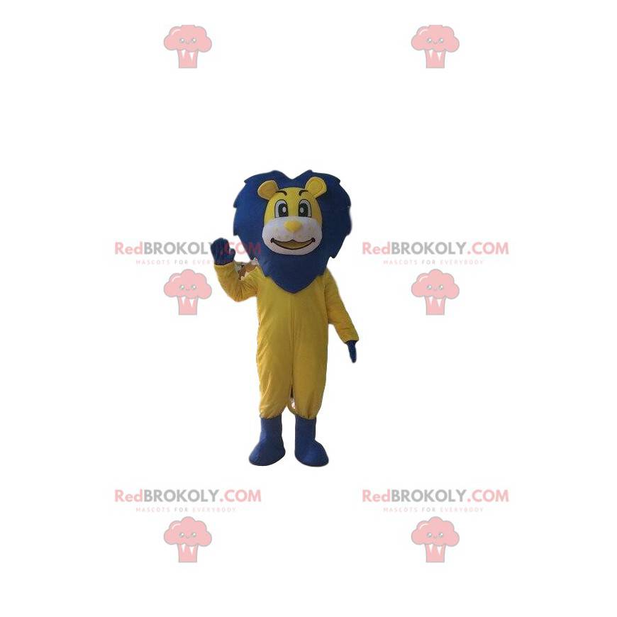 Geel en blauwe leeuw mascotte, groot leeuwenkostuum -