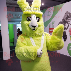 Lime Green Llama mascot costume character dressed with a Playsuit and Mittens