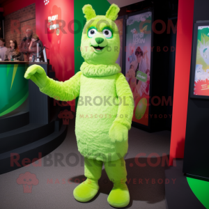 Lime Green Llama mascot costume character dressed with a Playsuit and Mittens