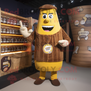 Brown Bottle Of Mustard mascot costume character dressed with a Dungarees and Lapel pins