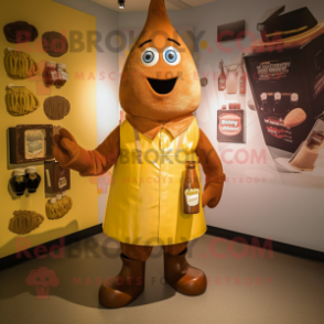 Brown Bottle Of Mustard mascot costume character dressed with a Dungarees and Lapel pins