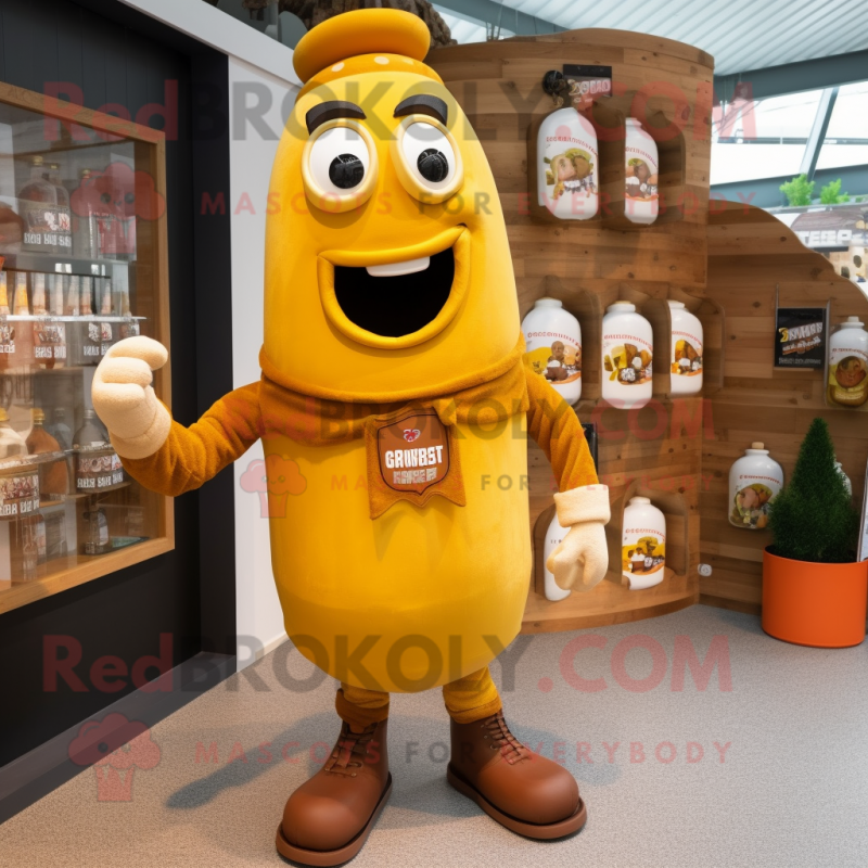 Brown Bottle Of Mustard mascot costume character dressed with a Dungarees and Lapel pins