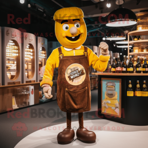 Brown Bottle Of Mustard mascot costume character dressed with a Dungarees and Lapel pins