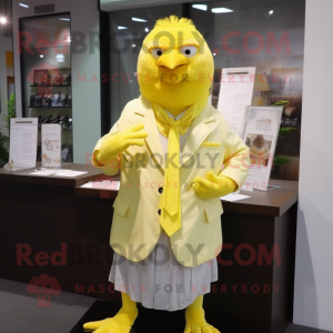 Lemon Yellow Canary mascot costume character dressed with a Poplin Shirt and Shawl pins