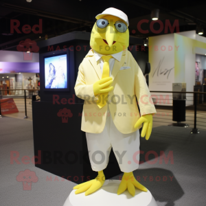 Lemon Yellow Canary mascot costume character dressed with a Poplin Shirt and Shawl pins