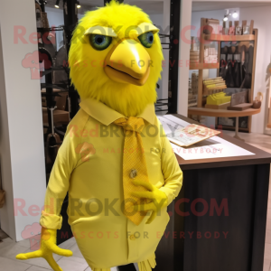 Lemon Yellow Canary mascot costume character dressed with a Poplin Shirt and Shawl pins