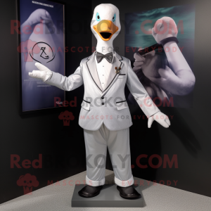 Silver Goose mascot costume character dressed with a Blazer and Cummerbunds