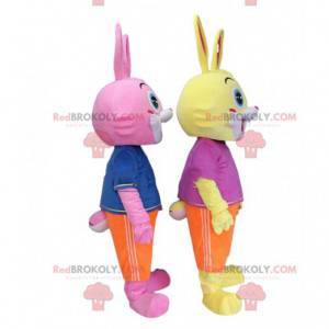 2 mascotes coelhos coloridos, fantasias de pelúcia de roedores