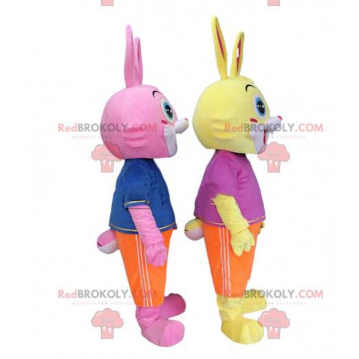 2 mascottes de lapins colorés, costumes de rongeurs en peluche
