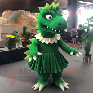 Forest Green Stegosaurus mascot costume character dressed with a Pleated Skirt and Tie pins