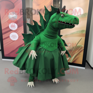Forest Green Stegosaurus mascot costume character dressed with a Pleated Skirt and Tie pins