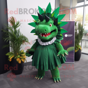 Forest Green Stegosaurus mascot costume character dressed with a Pleated Skirt and Tie pins