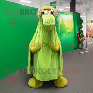 Lime Green Camel mascot costume character dressed with a Pleated Skirt and Scarves