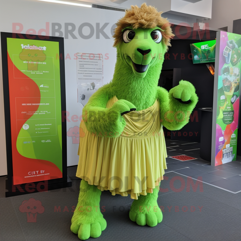 Lime Green Camel mascot costume character dressed with a Pleated Skirt and Scarves