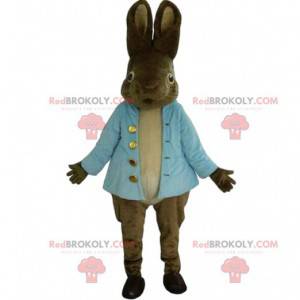 Mascotte coniglio marrone molto realistico con un giubbotto blu