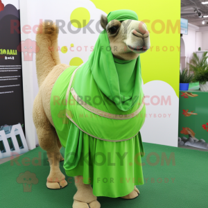 Lime Green Camel mascot costume character dressed with a Pleated Skirt and Scarves