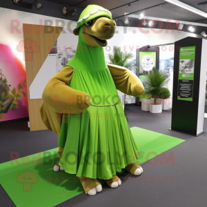 Lime Green Camel mascot costume character dressed with a Pleated Skirt and Scarves