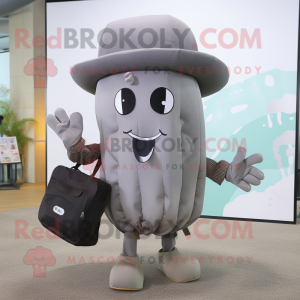 Gray Jellyfish mascot costume character dressed with a Waistcoat and Tote bags