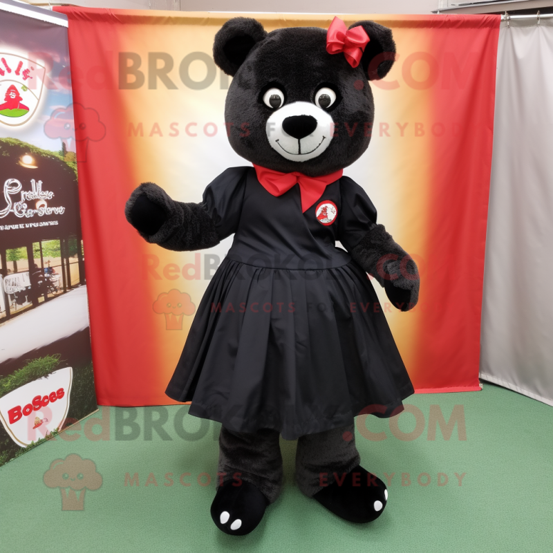 Black Teddy Bear mascot costume character dressed with a A-Line Skirt and Shoe clips Black Teddy Bear mascot costume character dressed with a A-Line Skirt and Shoe clips