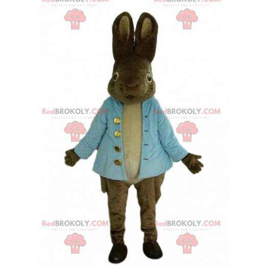 Mascote coelho marrom muito realista com colete azul -
