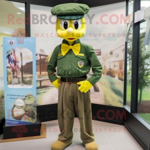 Yellow Green Beret mascot costume character dressed with a T-Shirt and Bow ties