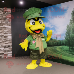 Yellow Green Beret mascot costume character dressed with a T-Shirt and Bow ties