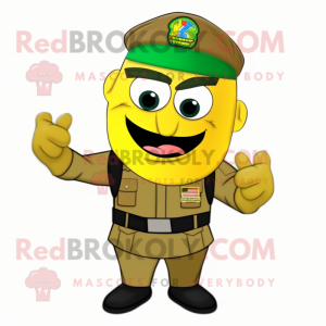 Yellow Green Beret mascot costume character dressed with a T-Shirt and Bow ties