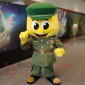 Yellow Green Beret mascot costume character dressed with a T-Shirt and Bow ties